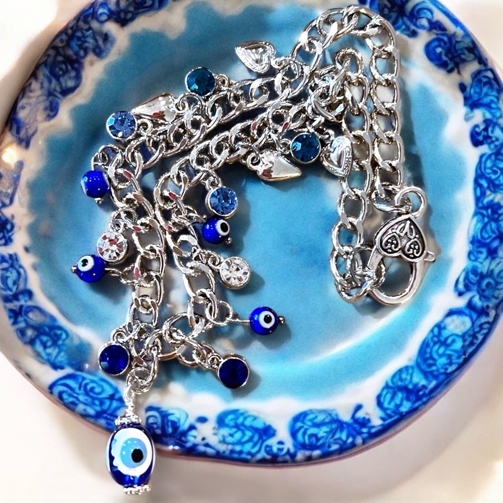 Silver toned and Blue Evil Eye Charm necklace